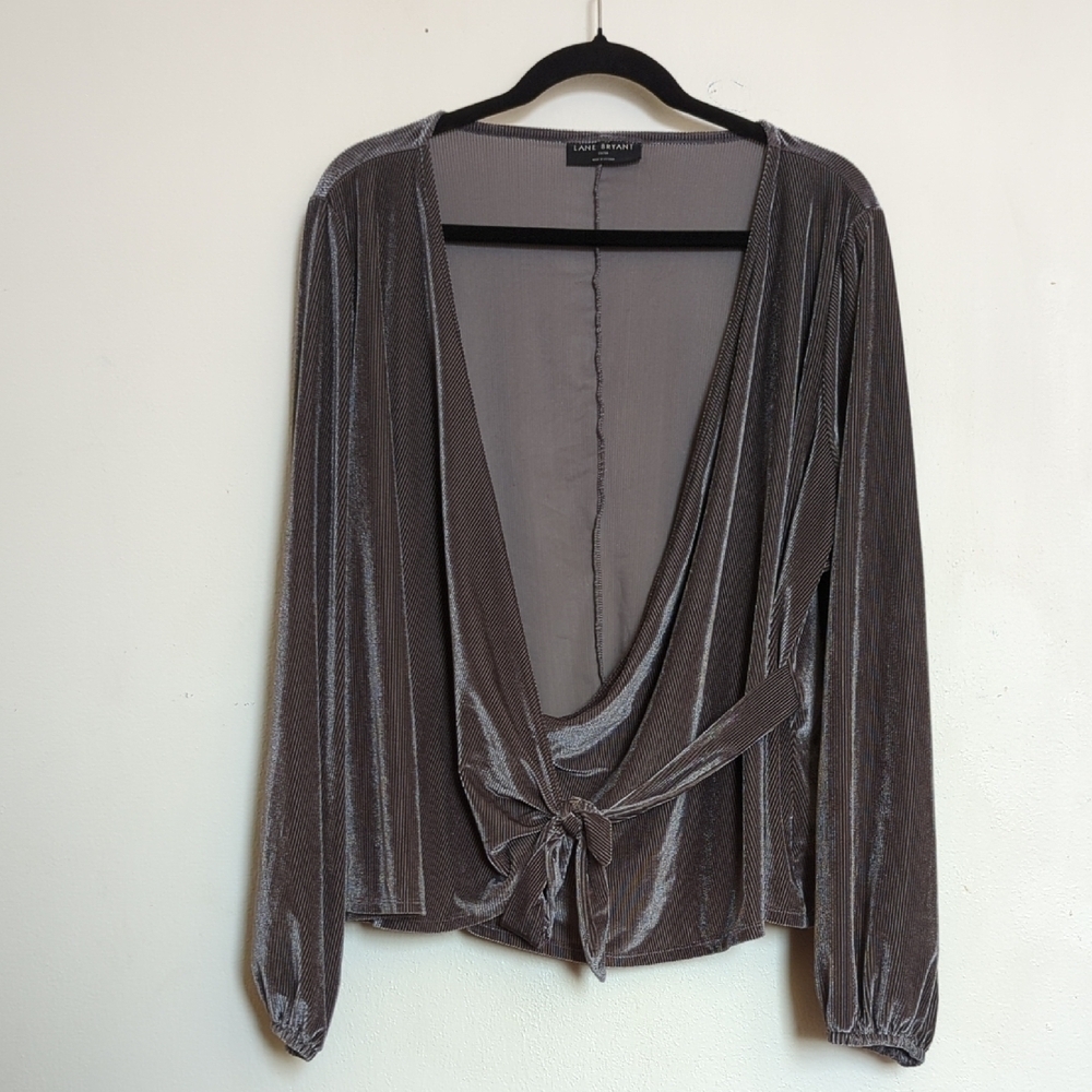 Lane Bryant Classic Blouson-Sleeve Surplice Tie Velour Top Ribbed Size 22/24